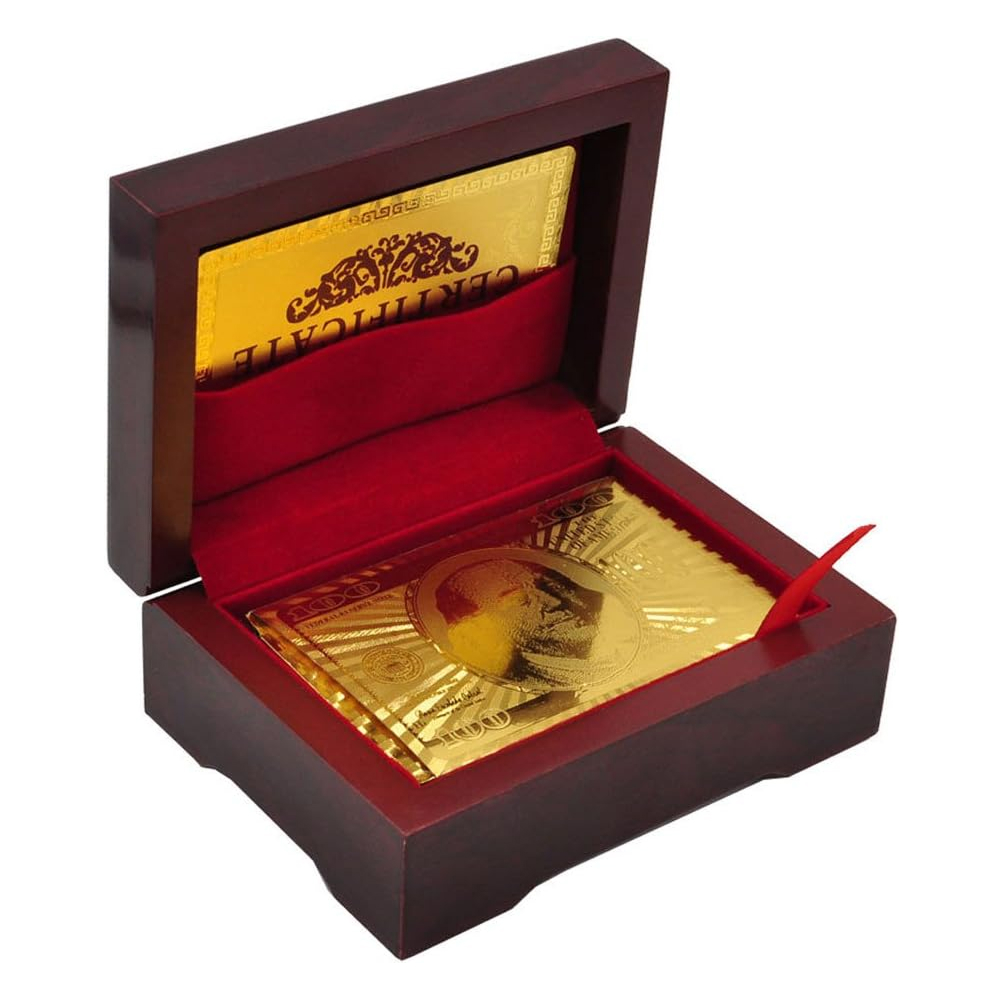 Exquisite 24K gold foil playing cards in a luxury museum frame